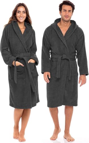Pristine Linen Unisex Robe With Hooded Collar 100% Cotton Terry Bathrobe for Women & Men