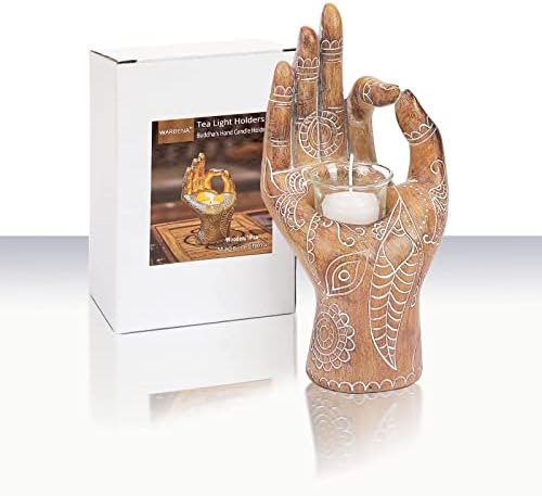 Tea Light Candle Holders Meditation Decor Buddha Hand Candle Holder Zen Spiritual Sculpture for Relax Bedroom Decoration Resin Retro Witchy Candle Yoga Hand Decor 7.59 Inch (Brown)