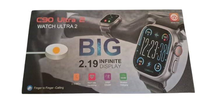 Genérico C90 Ultra 2 Smartwatch, Pantalla Infinita de 2,19 Pulgadas, Monitor de Ritmo Cardíaco, Contador de Pasos, Carga Inalámbrica, Correa Naranja