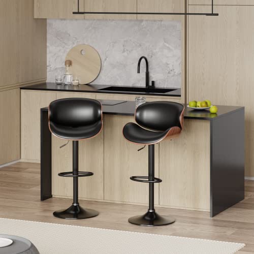 Aowos Adjustable Swivel Bar Stools Set Of 2, Mid-Century Modern Pu Leather Upholstered Counter Height Bar Stool, Kitchen Island Barstools With Back, Black #TOP1