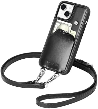 LUCKYCOIN for iPhone 13 Crossbody Wallet Purse Phone Case, Genuine Leather Phone Case for Women,for iPhone Purses with Expandable Card Holder & Adjustable Removable Crossbody Strap - Black - Image 3