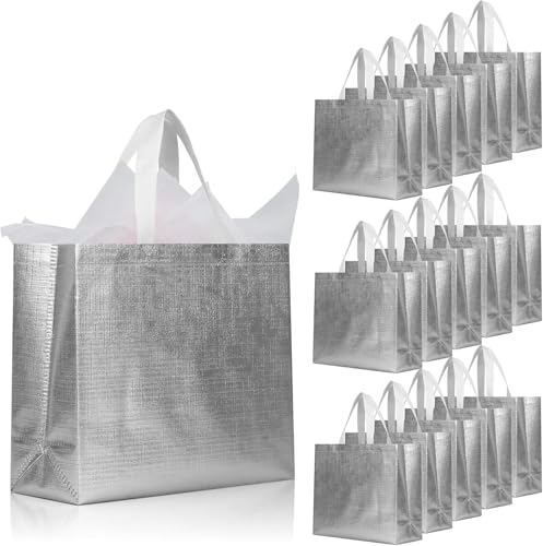 16 قطعة من اكياس الهدايا القابلة لاعادة الاستخدام من يلا جوي، اكياس هدايا متينة بسعة كبيرة غير منسوجة بتصميم لامع معدني ومقابض وقواعد، شنط هدايا انيقة متعددة الاغراض لاعياد الميلاد/الزفاف/الحفلات (فضي