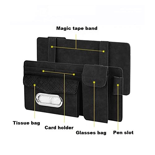 Image of Automaze Suede Sun Visor Organizer Tissue Napkin Box Holder, with Sunglass Holder, Card Slot, Pen Holder (Black)