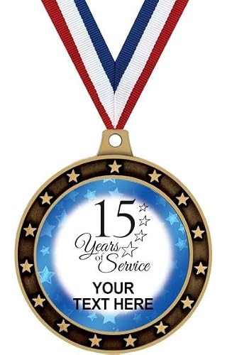 Your Personalization Recognition Awards, 15 Years of Service Custom Text Medal with Blue Star Background, Years Medal Awards Value Pack of 10 with Personalized Engraving