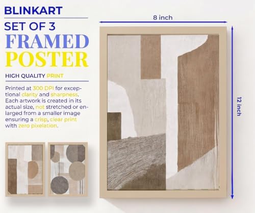 Image of BLINKART Set of 3 NEUTRAL TEXTURED BLOCKS Natural Brown Frame Painting for Wall Decoration - Modern Art Wall Decor Framed Painting for Living Room Bedroom - Framed Wall Posters /Paintings (8X12 inch)