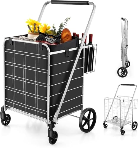 FANASK Carro de la Compra Plegable con Bolsa Oxford extraíble y 2 cestas, Carro de Mano Plateado con Ruedas, Carrito de la Compra Plateado, 150 kg de Carga, Carrito Multiusos