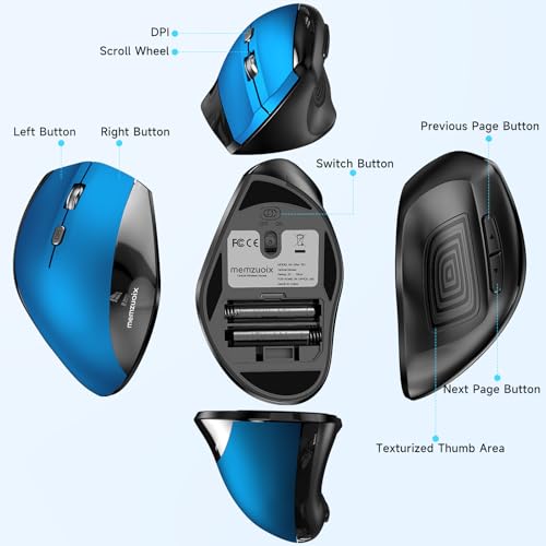 Image of memzuoix Ergonomic Vertical Wireless Mouse - 2.4G Optical Cordless Mice with 3 DPI Levels (800 /1200 /1600) - Right-Handed Large Size Mouse for Laptop, Mac, PC, Desktop-Blue