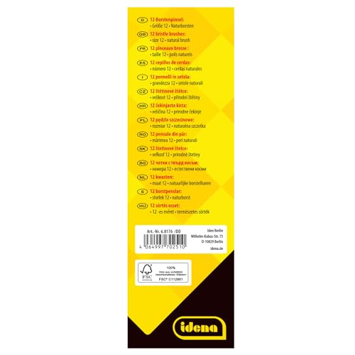 Idena 90098 - Borstenpinsel, Größe 12, mit unlackiertem Holzstiel, 12er Set, Malpinsel für Schulkinder Hobbykünstler
