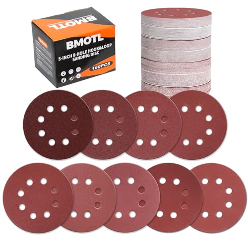 BMOTL 160Pcs 5-Inch 8-Hole Hook & Loop Sanding Discs Assortment: 40 60 80 120 150 220 320 400 600 Grit for Woodworking/Metalworking, Sandpaper for Random Orbital Sander