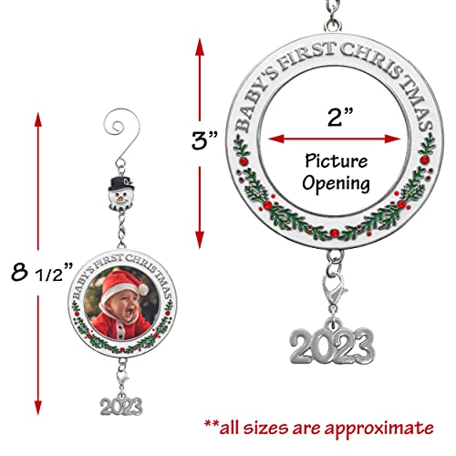 2023 Baby's First Christmas Photo Ornament - White Enameled Xmas Decoration With Holly Berries And Red Rhinestone Accents - Includes A Snowman Hook And Dated Hanging Charm - Gift/Storage Bag Included #TOP2