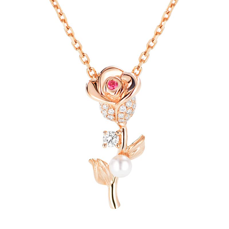 Collier en perles et rose pour femme en argent 925 doré à l'or rose