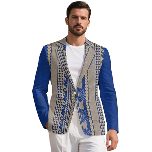 AQYAPTOIY Polynesian Tattoo Casual Suit Jacket for Men Medium Sports Blazer Jacket with 2 Pockets Tribal Ethnic One Button Blazer Blue Mens Sport Coat Slim Fit Party Outfits