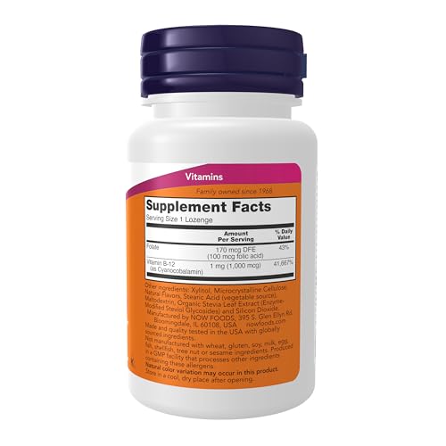 Image of NOW Supplements, Vitamin B-12 1,000 mcg with Folic Acid, Nervous System Health*, 100 Chewable Lozenges