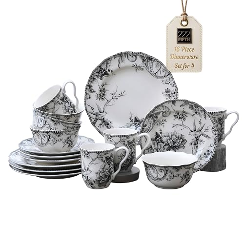 222 Fifth Adelaide 16-Piece Black Porcelain Dinnerware Set Service for 4 Featuring Hand-Applied Romantic Woodland Bird Design Everyday Big Dinner Plates and Bowls Sets Microwave & Dishwasher Safe