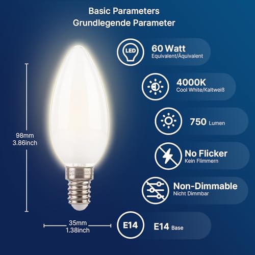 FLSNT E14 LED Light Bulb 60W Equivalent 4000K Cool White, 5.5W C35 Small Screw Light Bulb, B11 SES E14 Bulb 750LM, Non-Dimmable, Pack of 6 - Image 3