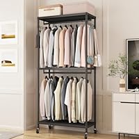Enjinkail Heavy Duty Clothes Rail, Metal Open Wardrobe with 3 Shelves and 2 Rods, Max Load 500LBS, Tall Freestanding Coat Stand, Portable Tidy Rails for Bedroom (Black, 35.4W*78.7H*15.7L)