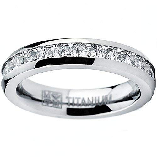 Metal Masters Co. 3MM High Polish Princess Cut Ladies Eternity Titanium Ring Wedding Band with Cubic Zirconia CZ Size 6.5
