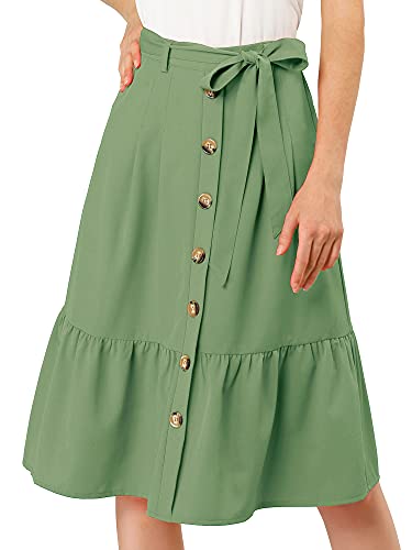 Allegra K Women's Button Front Ruffle Hem Belt High Waist A-Line Flowy Chiffon Pleated Midi Skirt
