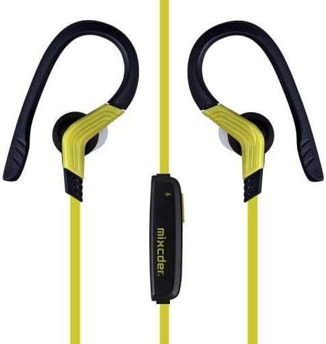 Front view of Mixcder ZeroSport headphones with yellow cable and black ear hooks
