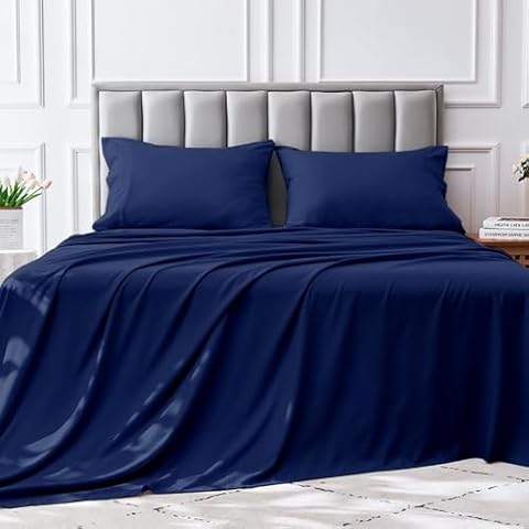 QUINEEHOME King Sheet Set 4 Pieces, Cooling Bed Sheets Soft & Breathable Brushed Microfiber, Fade Resistant Sheet Set with 15" Deep Pocket -Navy Cover
