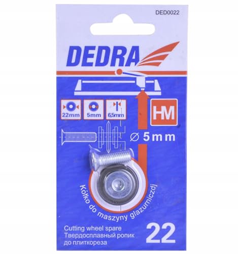 DEDRA Molette de coupe pour coupe-carreaux manuels 22/6 mm, carbure de tungstène avec vis 5 mm, épaisseur de la molette : 2 mm, en carbure de tungstène durable, performance de coupe optimale
