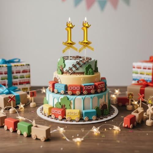 Image of Rozi Decoration Number 11 Birthday Candle Set Gold with Crown Design | Cake Topper Candles with Stick | Birthday and Anniversary Cake Decoration