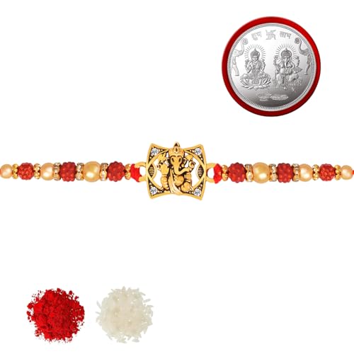 Image of Designer Rakhi (Pack of 1) | 1 Laxmi-Ganesh Coin | Roli-Chawal Pack With Greeting Card | Happy Rakshabandhan | Send Rakhi for Brother /Bhai /Bhaiya /Bhabhi /Kids | Rakhi Gift