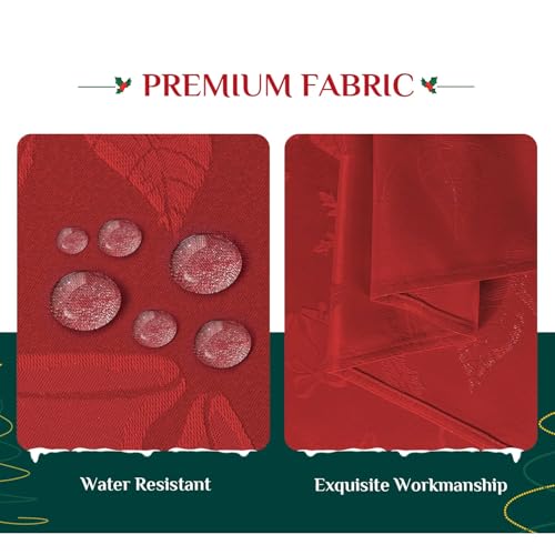 Softalker Christmas Jacquard Tablecloth, Winter Vintage Damask Rectangle Table Cover, Waterproof Poinsettia Snowflakes Polyester Table Cloths Decor for Holiday, Dining, Party - 60 x 84 inch, Red – Image 4