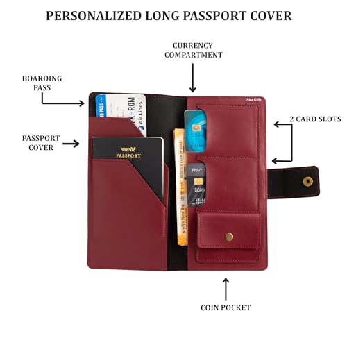 Image of Aica Personalized Name & Charm Long Leather Wallet Passport Cover (Wine) with Passport Boarding Pass Card Slot & Coin Holder for Men & Women | Birthday Anniversary Travels Gifts for Women Sis Wife Mom