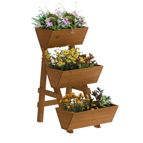 Kitsanery 3-Tiers Wooden Raised Garden Bed,Wood Planter Box for Vegetable,Flower Rack,Flower Pot Stands,Indoor Outdoor Gardening Planting Beds (Brown, Small)