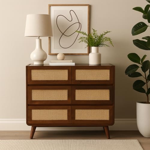 Image of Solid Wood & Cane Concerto Chest of Drawers | 6-Drawer Wooden Storage Dresser | Walnut Brown Finish