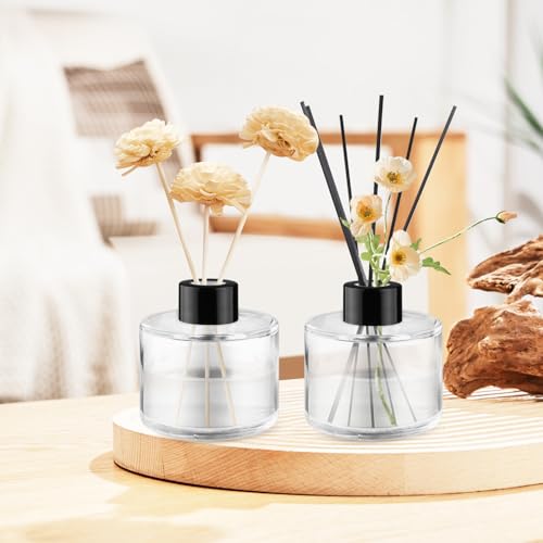 4 botellas difusoras de vidrio claras 100ml con tapa negra miniatura 5