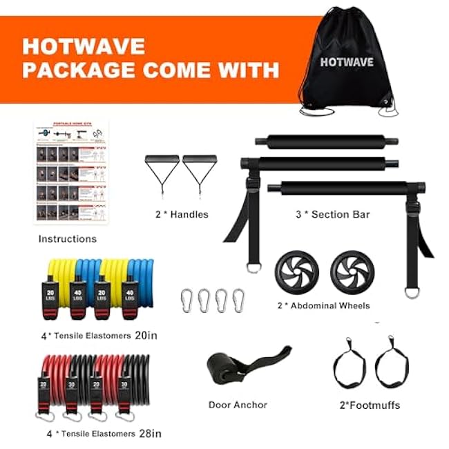 HOTWAVE Pilates Bar Kit with Resistance Bands,Ab Roller for Abs Workout, Squat Machine,Core Strength Training Equipment,Portable Home Gym for Men and Women