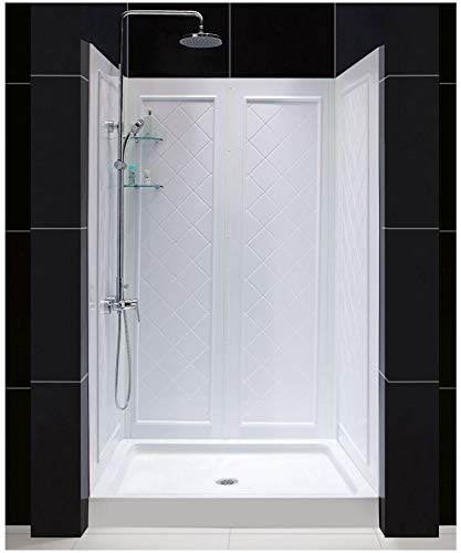 DreamLine 32 in. D x 48 in. W x 76 3/4 in. H Center Drain Acrylic Shower Base and QWALL-5 Backwall Kit In White, DL-6070C-01