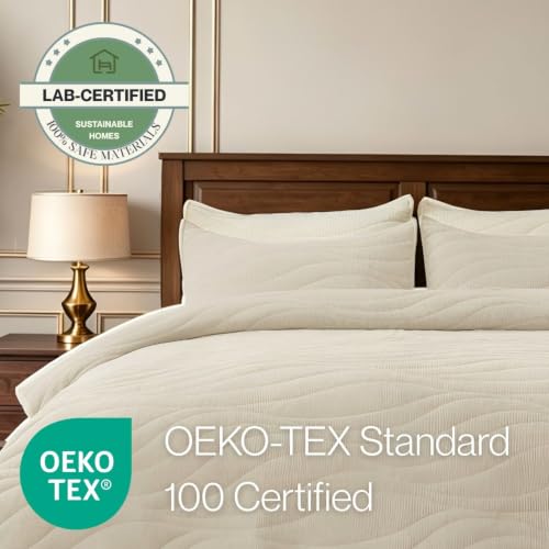 Image of DOWN HOME Crinkle Textured Velvet Quilt Set with Shams, All-Season Luxury Modern Bedding,Easy Care Comforter,Ultra-Soft,Lightweight & Breathable, Cali King, Ivory White