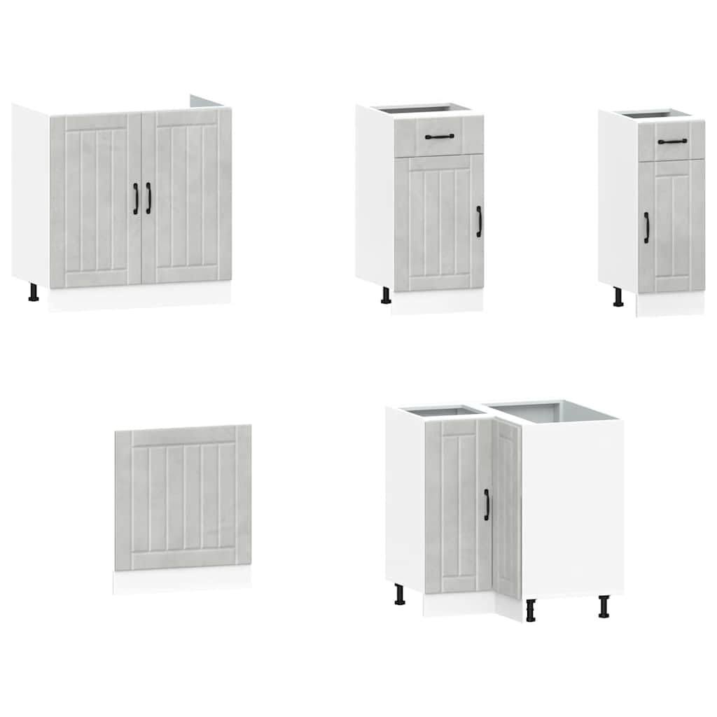 Set di 11 mobili da cucina Lucca in legno grigio cemento, mobili da cucina modulari con armadio ad angolo, pensili e pensili per molto spazio in cucina