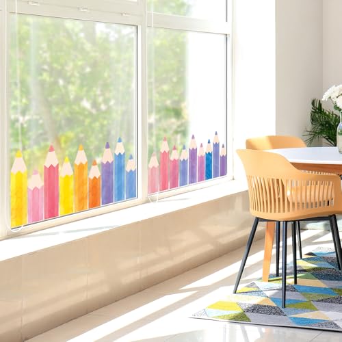 Image of Whaline 9 Sheet Watercolor Pencil Window Clings Back to School Pastel Color Pencil Reusable Window Decals for First Day of School Home Nursery Classroom Decor