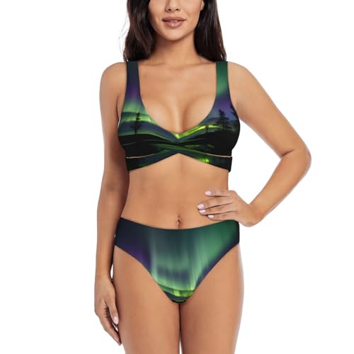 Bikini 2 pièces imprimé aurores boréales masquant les imperfections