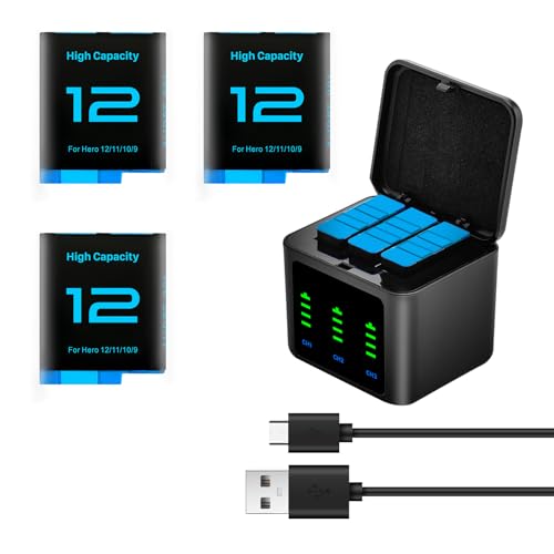 Pack de 3 baterías de repuesto de 2500 mAh para Gopro Hero 12/Hero 11/Hero 10/Hero 9 con 3 canales tipo C estación de carga