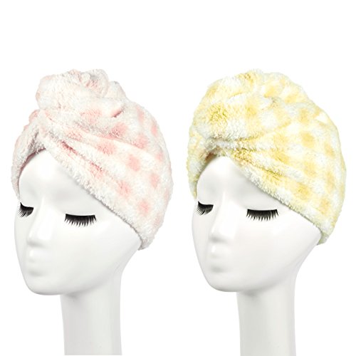 Hair Drying Towel - 2-Pack Twist Hair Towel Wrap, Quick Drying, Microfiber Polyester Fast Dry for Long Hair, Women, Girls - Yellow and Pink, Plaid Patterns, 25 x 9.2 x 0.2 Inches