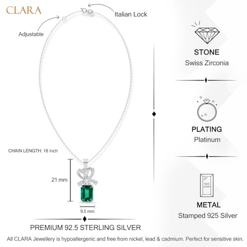 Image of Clara 925 Sterling Silver Green Pendant Necklace with Chain for Women & Girls | Platinum Plated |Minimal Daily Wear | Gift for her