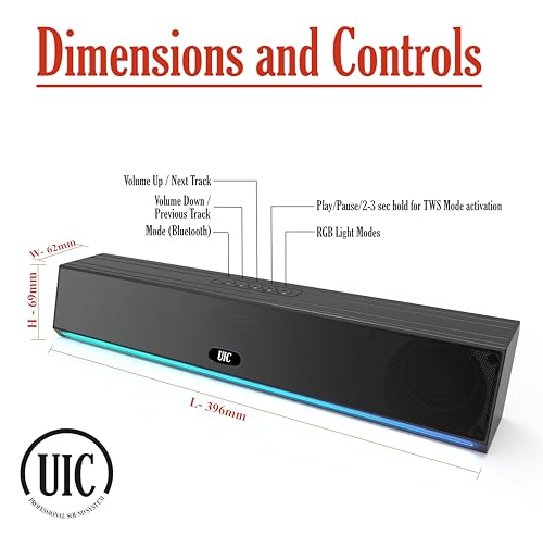 Image of UIC 30W Bluetooth Soundbar with 52mm Dual Drivers with Extreme Bass | RGB Lights | Bluetooth 5.3, Aux, Tf Card & USB Connectivity (Black) (UIC-SB-2203)