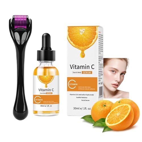 Vitamin C Serum Microneedling Set, Anti Aging 540 Titanium Derma Roller, Microneedling Roller 0.5mm für Pickelmale und Pigmentflecken Entferner Gesicht, Vitamin C Serum Set für Gleichmäßigen Teint