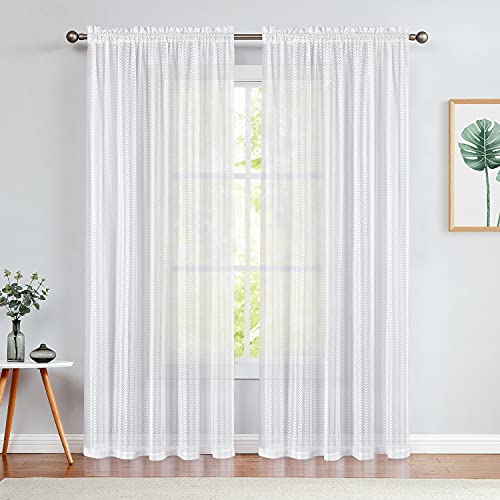 Jinchan White Sheer Curtains 96 Inches Long Leaf Lace Living Room Curtains Voile Farmhouse Drapes Curtains For Bedroom Classic Vintage Weave Light Filtering Rod Pocket 2 Window Curtain Panels #TOP1