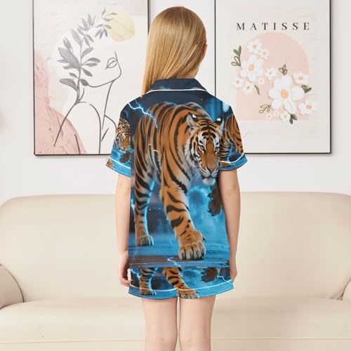 Satin Pajama Sets Short Sleeve Tiger with Blue Stripes Button Down Silky Nightwear 2 Piece PJS 5-14Y4