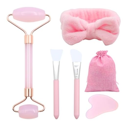 VEGCOO 6 en 1 Gua Sha Facial Rodillo de Jade, Rodillo Facial Masaje + Guasha Facial Piedra+ Diadema+Cepillo de Mascarilla de Silicona+Bolsa, Rodillo Facial Masaje para Mujer, Aliviar las Arrugas