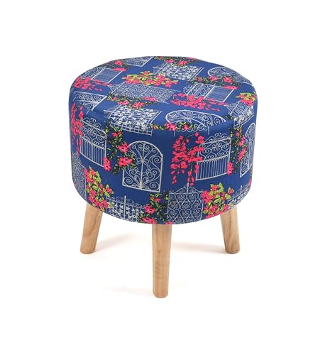 Image of NACIA Printed Ottoman Stool Set of 2 | Soft Cushioned Velvet Pouf Footrest with Wooden Legs | Decorative Seating Stool for Bedroom Living Room Home & Office (16x16x17 Inch, Blue Door)