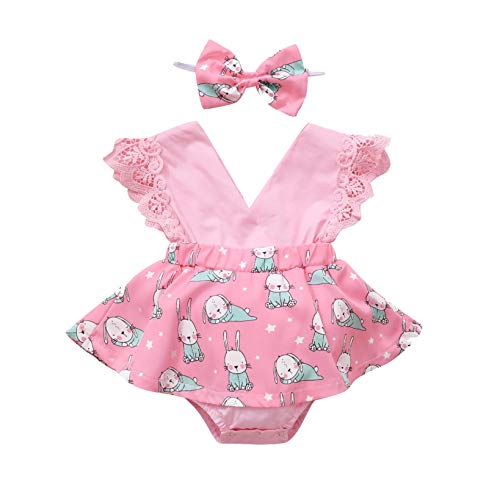 Youmymine Newborn Baby Girls Summer Romper Lemon/Dress Lace Sleeve Dresses Ruffle Skirts + Headbands 0-24 Months (Pink-2, 3-6Months)