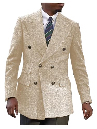 VENNYNG Men's Wide Herringbone Blazer Fall Double Breasted Suit Coat VintageTweed Sport Jacket Wedding Business Casual