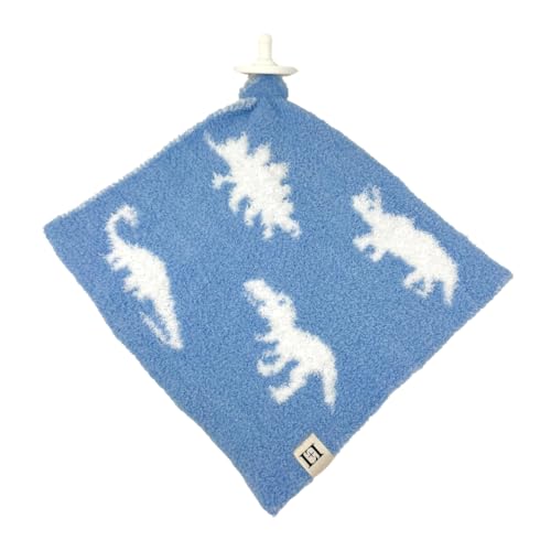 Image of L+L USA Dinosaur Baby Lovey Pacifier /Teether Holder 10 inchx10 inch - DreamSoft Plush Fluffy Cuddly Soothie Reversible Mini Comfort Blanket - Newborn Gift Essential Babies Boys Girls (Baby Blue /White)
